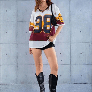 Women's Y2k Blokette Jersey Shirts Oversized Mesh Number Graphic Tees V Neck Half Sleeve Loose T Shirt Tops