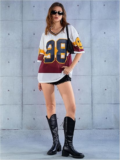 Women's Y2k Blokette Jersey Shirts Oversized Mesh Number Graphic Tees V Neck Half Sleeve Loose T Shirt Tops