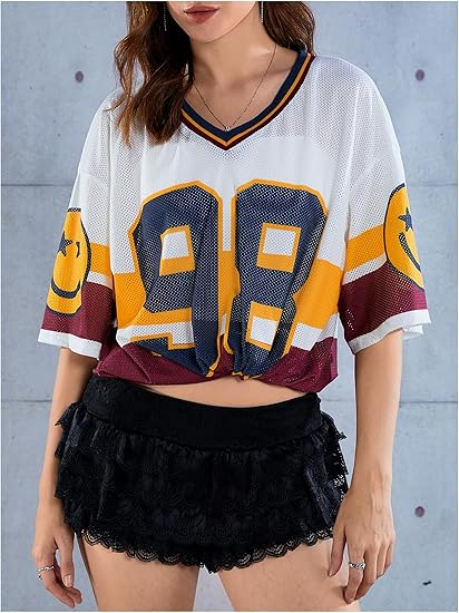 Women's Y2k Blokette Jersey Shirts Oversized Mesh Number Graphic Tees V Neck Half Sleeve Loose T Shirt Tops - Image 7