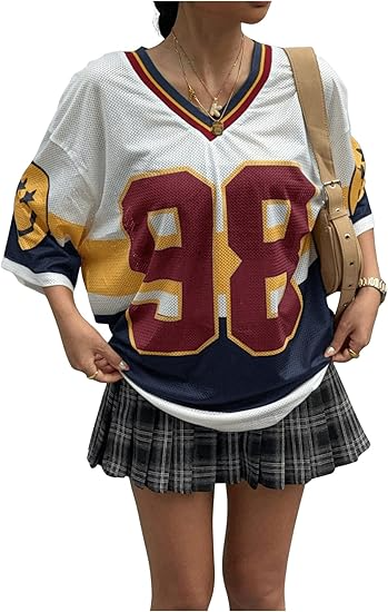 Women's Y2k Blokette Jersey Shirts Oversized Mesh Number Graphic Tees V Neck Half Sleeve Loose T Shirt Tops - Image 6