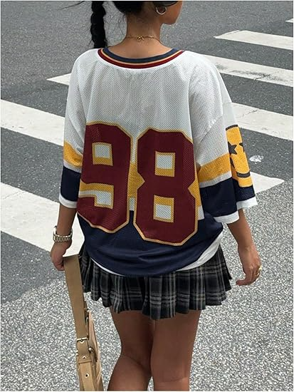 Women's Y2k Blokette Jersey Shirts Oversized Mesh Number Graphic Tees V Neck Half Sleeve Loose T Shirt Tops - Image 5