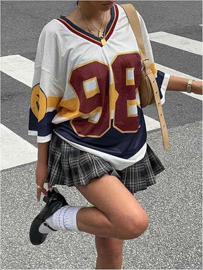 Women's Y2k Blokette Jersey Shirts Oversized Mesh Number Graphic Tees V Neck Half Sleeve Loose T Shirt Tops - Image 4