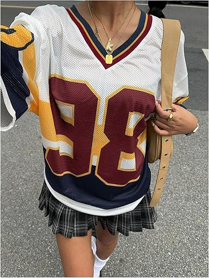 Women's Y2k Blokette Jersey Shirts Oversized Mesh Number Graphic Tees V Neck Half Sleeve Loose T Shirt Tops - Image 3