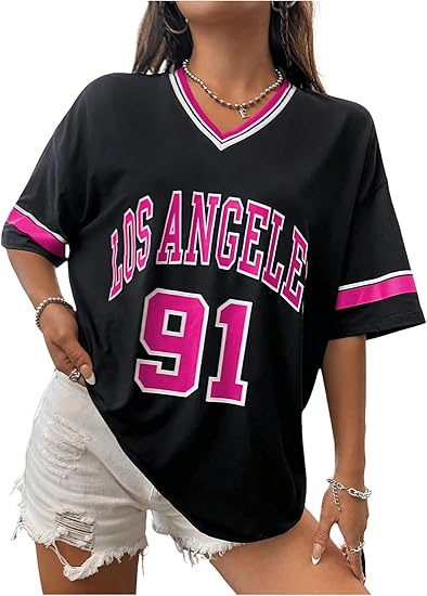 Women's Oversized Jersey Shirts V Neck Graphic Tees Summer Baggy Blokecore T-Shirt Tops - Image 12