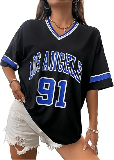 Women's Oversized Jersey Shirts V Neck Graphic Tees Summer Baggy Blokecore T-Shirt Tops - Image 10