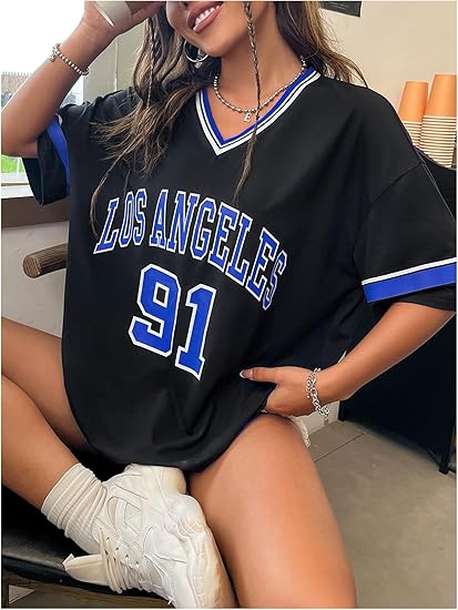 Women's Oversized Jersey Shirts V Neck Graphic Tees Summer Baggy Blokecore T-Shirt Tops - Image 9