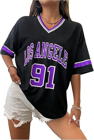 Women's Oversized Jersey Shirts V Neck Graphic Tees Summer Baggy Blokecore T-Shirt Tops - Image 8