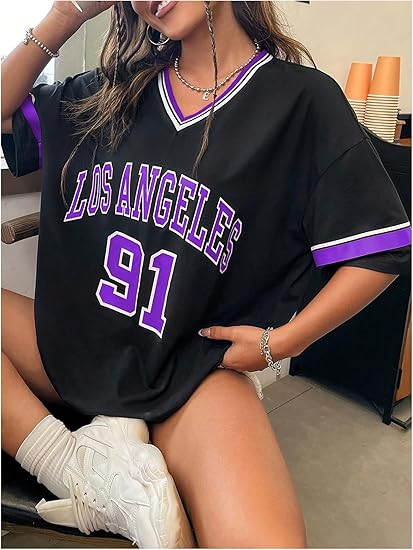 Women's Oversized Jersey Shirts V Neck Graphic Tees Summer Baggy Blokecore T-Shirt Tops - Image 6