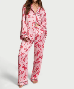 Women 2Pcs Satin Pajamas Loungewear Set Long Sleeve Lapel Neck Bow/Star Print Shirt Tops+Elastic Waist Pants Sleepwear