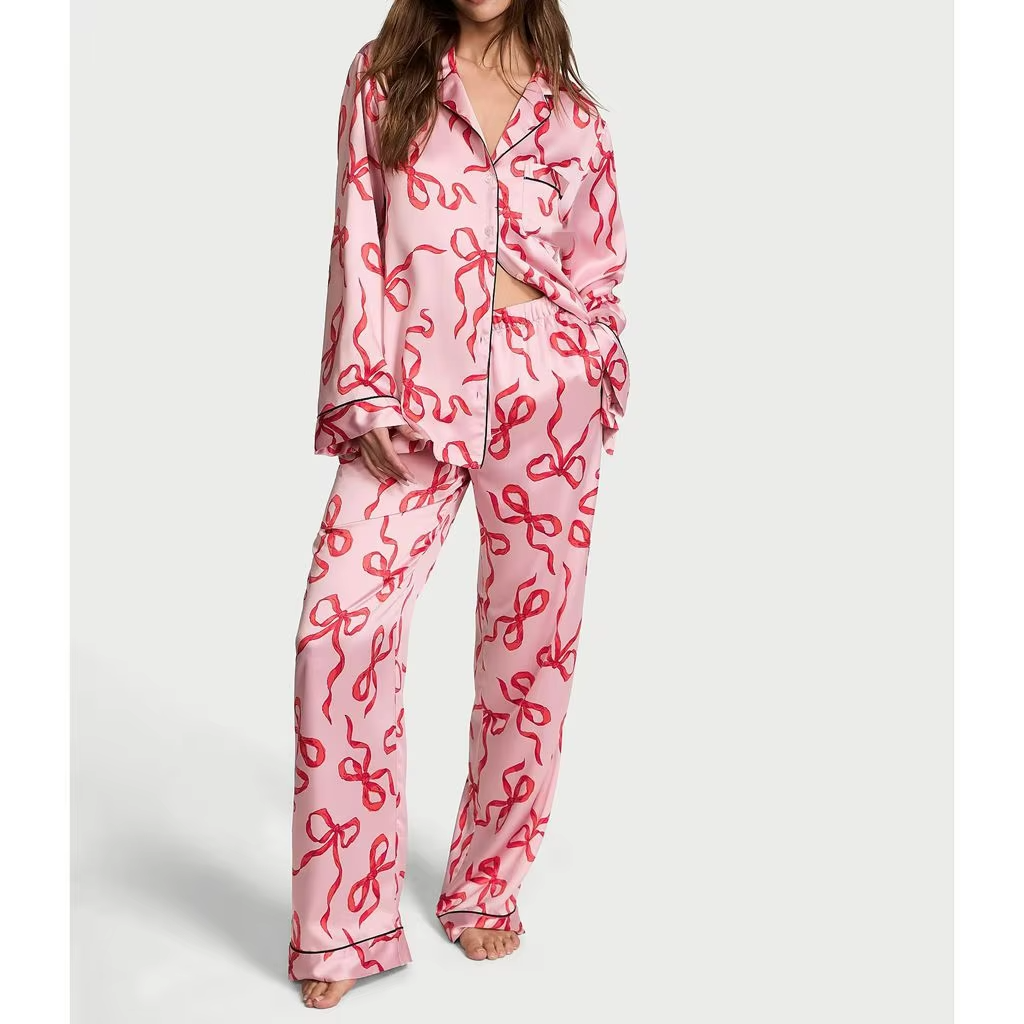 Women 2Pcs Satin Pajamas Loungewear Set Long Sleeve Lapel Neck Bow/Star Print Shirt Tops+Elastic Waist Pants Sleepwear