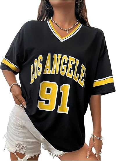 Women's Oversized Jersey Shirts V Neck Graphic Tees Summer Baggy Blokecore T-Shirt Tops - Image 5