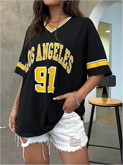 Women's Oversized Jersey Shirts V Neck Graphic Tees Summer Baggy Blokecore T-Shirt Tops - Image 4