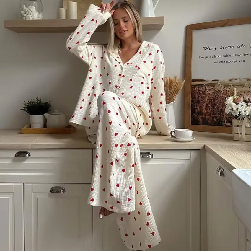 Autumn New Love Printed Comfortable Long-sleeved Trousers and Pajamas Two-piece Set for Women's Home Wear - Image 6
