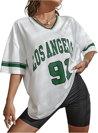 Women's Oversized Jersey Shirts V Neck Graphic Tees Summer Baggy Blokecore T-Shirt Tops - Image 3