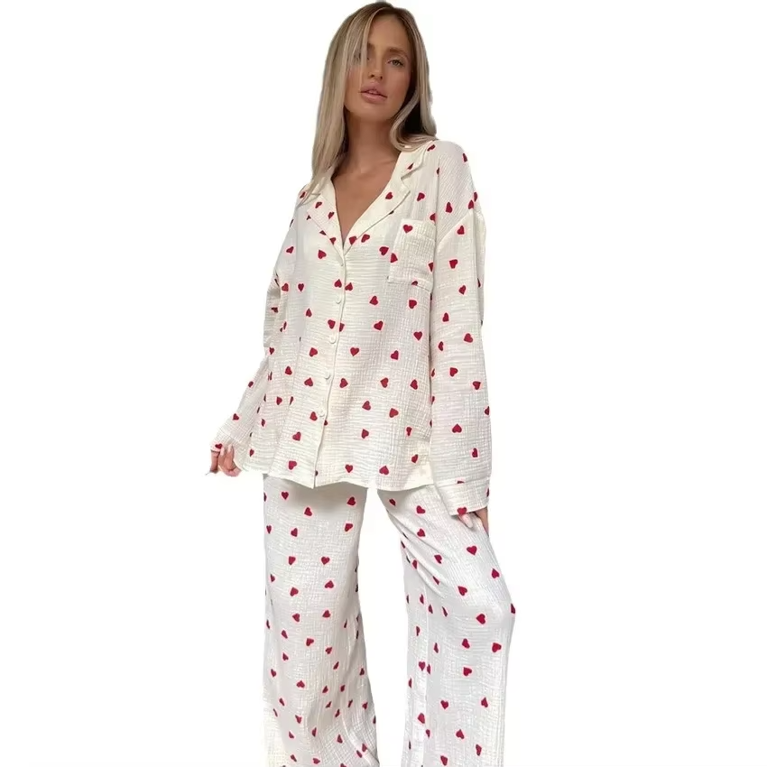 Autumn New Love Printed Comfortable Long-sleeved Trousers and Pajamas Two-piece Set for Women's Home Wear - Image 5