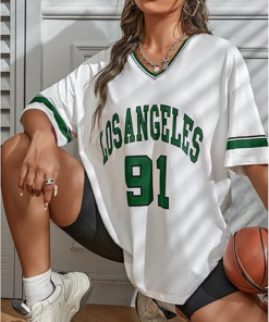 Women's Oversized Jersey Shirts V Neck Graphic Tees Summer Baggy Blokecore T-Shirt Tops