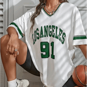 Women's Oversized Jersey Shirts V Neck Graphic Tees Summer Baggy Blokecore T-Shirt Tops