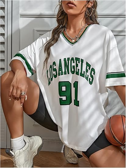 Women's Oversized Jersey Shirts V Neck Graphic Tees Summer Baggy Blokecore T-Shirt Tops