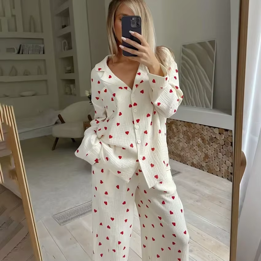 Autumn New Love Printed Comfortable Long-sleeved Trousers and Pajamas Two-piece Set for Women's Home Wear - Image 3