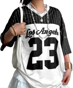 Jersey Shirts for Women Y2k Oversized T Shirt Striped Number Graphic Tees V Neck Half Sleeve Streetwear Tops