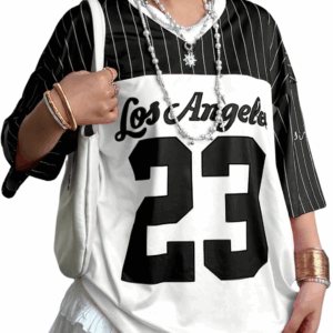 Jersey Shirts for Women Y2k Oversized T Shirt Striped Number Graphic Tees V Neck Half Sleeve Streetwear Tops