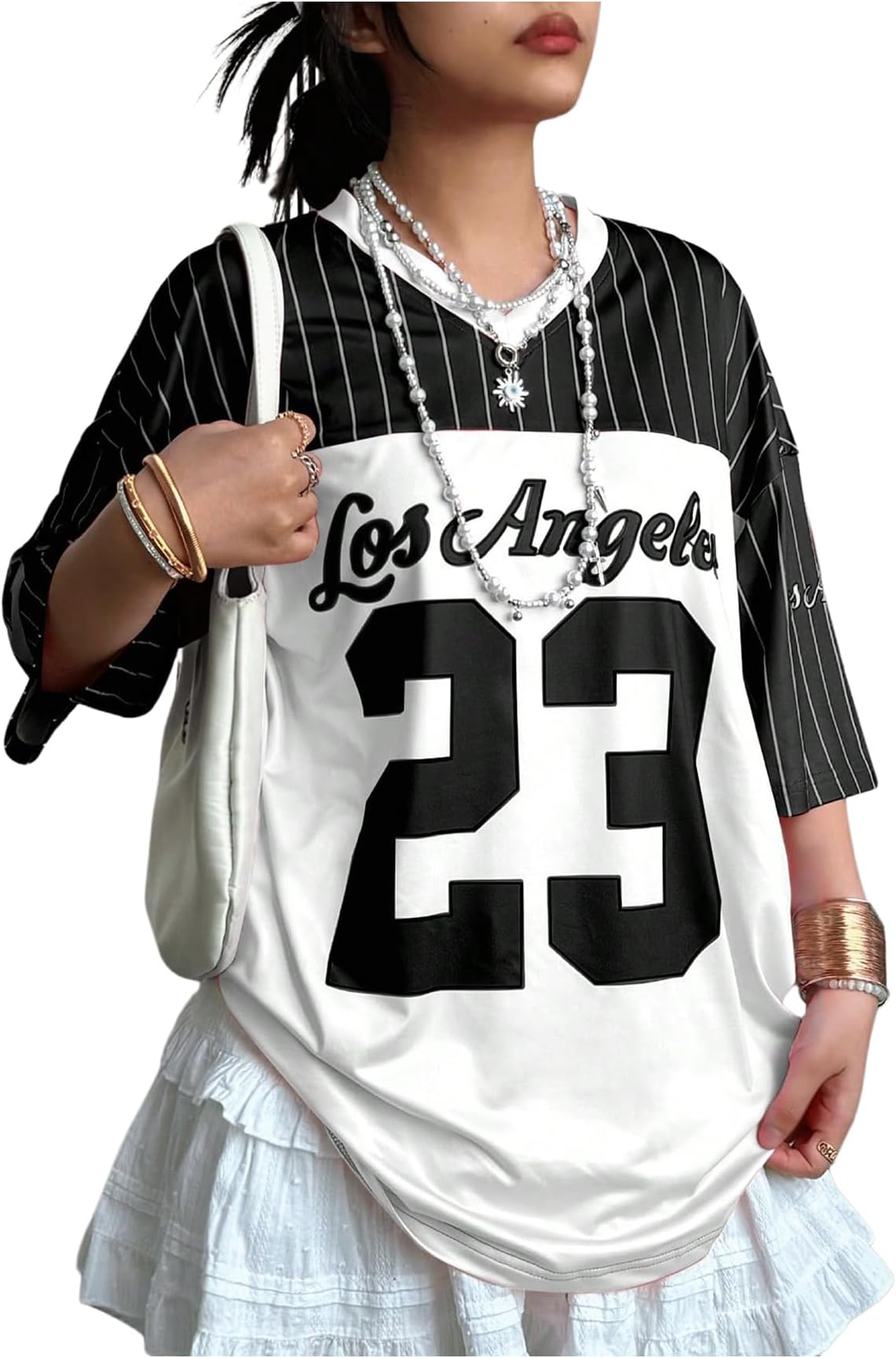 Jersey Shirts for Women Y2k Oversized T Shirt Striped Number Graphic Tees V Neck Half Sleeve Streetwear Tops