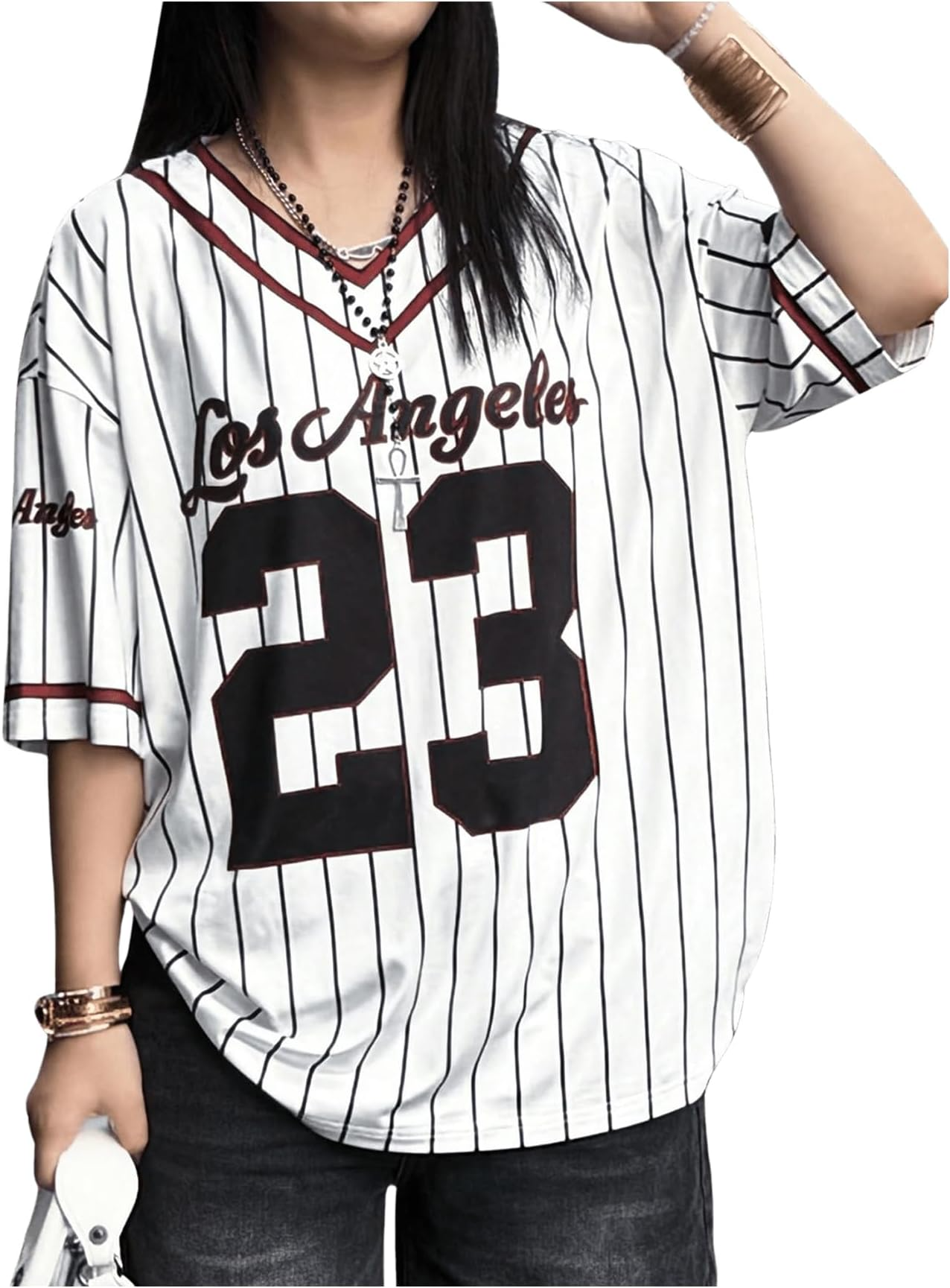 Jersey Shirts for Women Y2k Oversized T Shirt Striped Number Graphic Tees V Neck Half Sleeve Streetwear Tops - Image 11