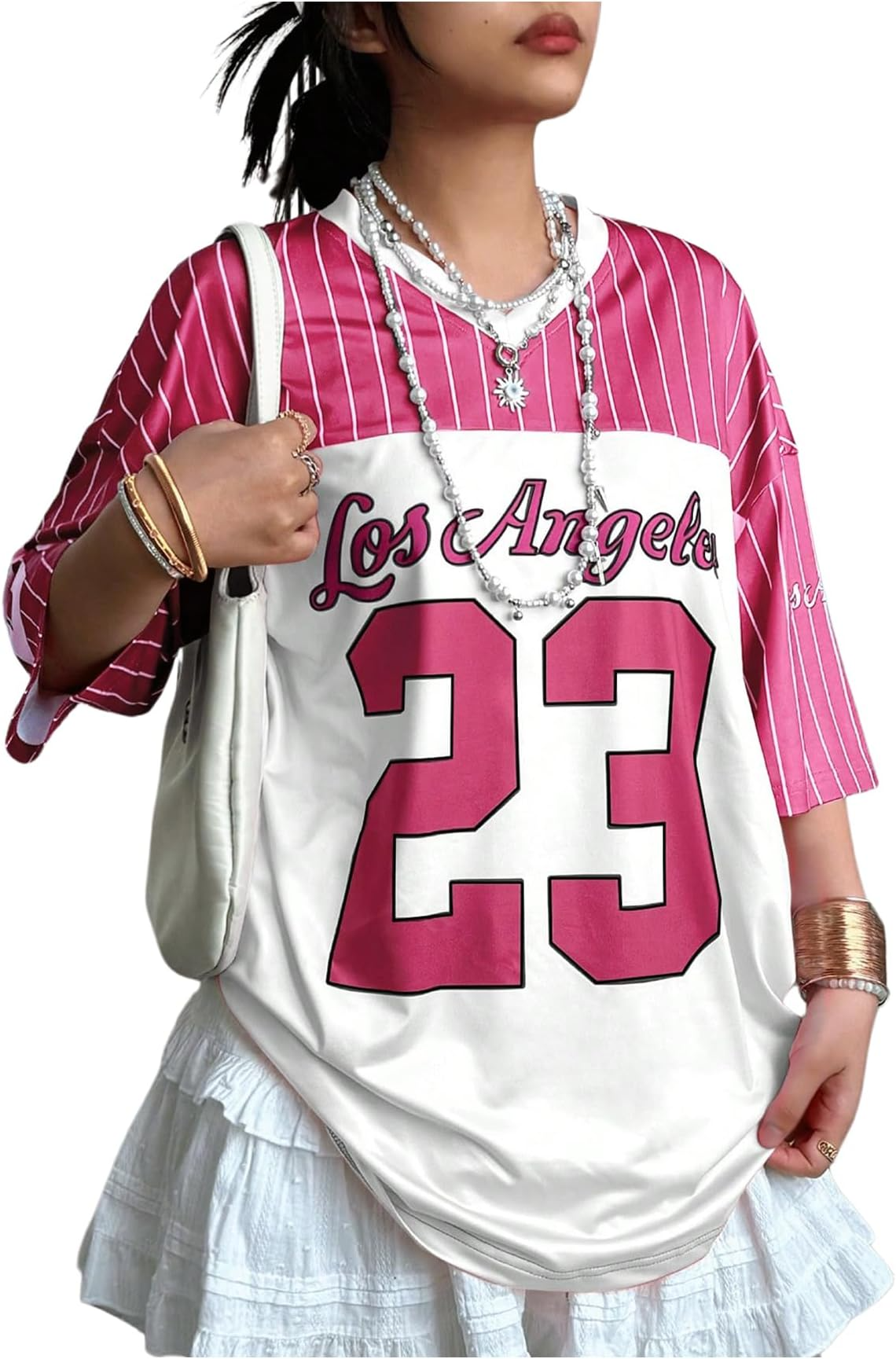 Jersey Shirts for Women Y2k Oversized T Shirt Striped Number Graphic Tees V Neck Half Sleeve Streetwear Tops - Image 10