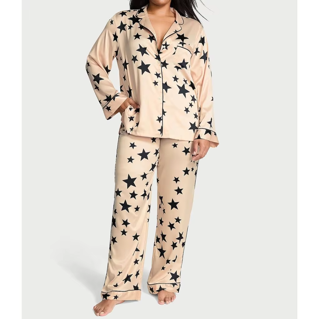 Women 2Pcs Satin Pajamas Loungewear Set Long Sleeve Lapel Neck Bow/Star Print Shirt Tops+Elastic Waist Pants Sleepwear - Image 6