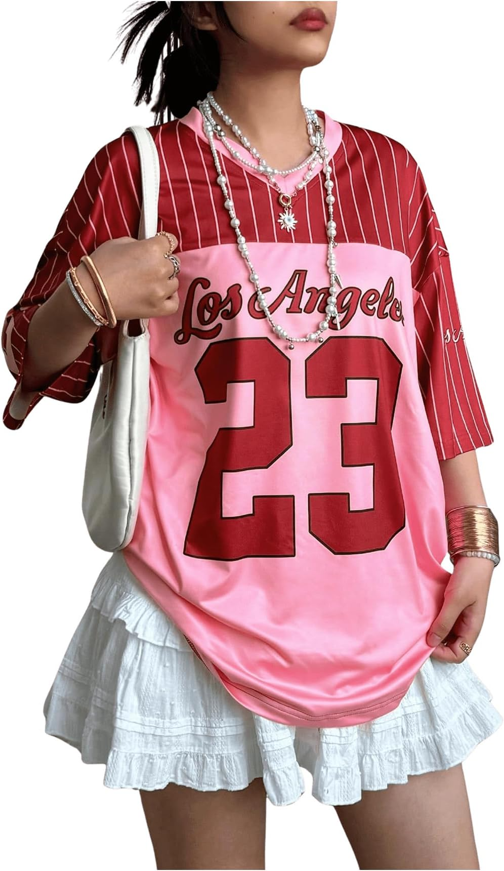 Jersey Shirts for Women Y2k Oversized T Shirt Striped Number Graphic Tees V Neck Half Sleeve Streetwear Tops - Image 9