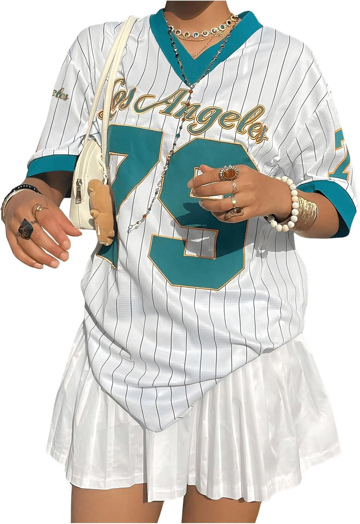 Jersey Shirts for Women Y2k Oversized T Shirt Striped Number Graphic Tees V Neck Half Sleeve Streetwear Tops - Image 7