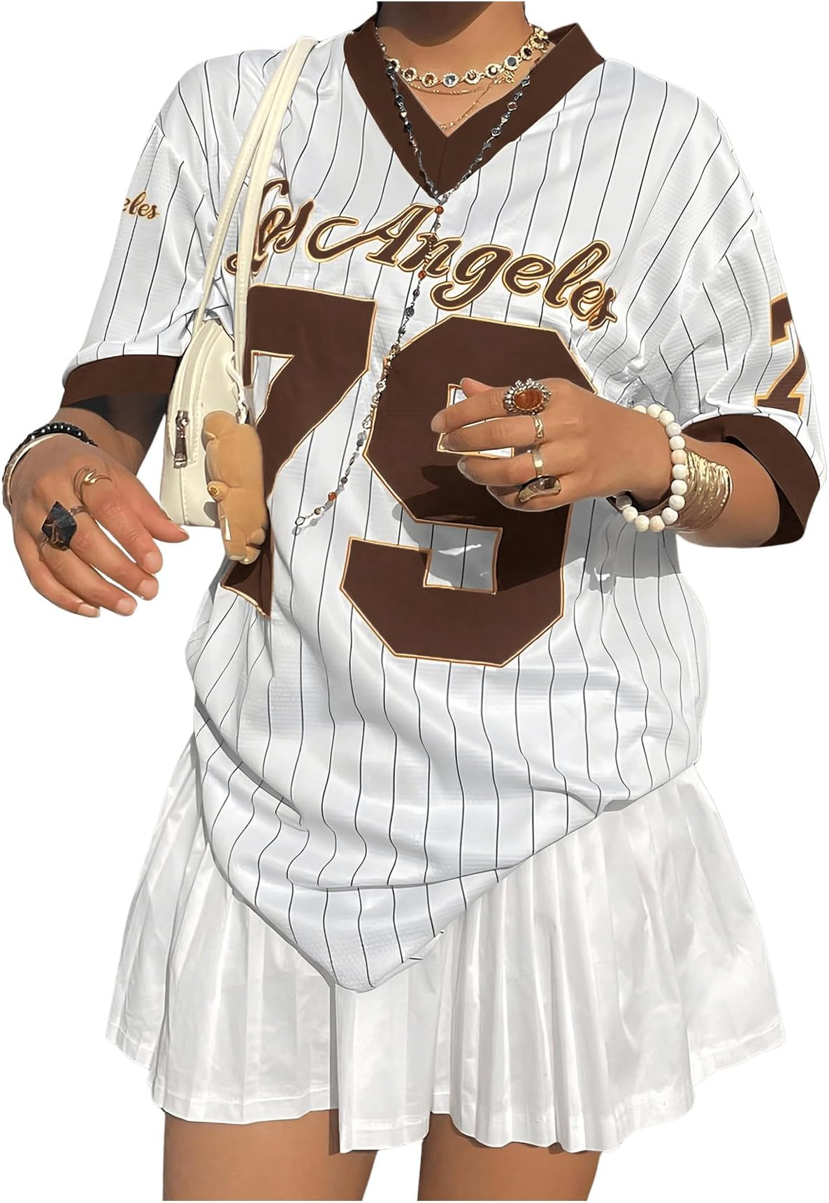 Jersey Shirts for Women Y2k Oversized T Shirt Striped Number Graphic Tees V Neck Half Sleeve Streetwear Tops - Image 6