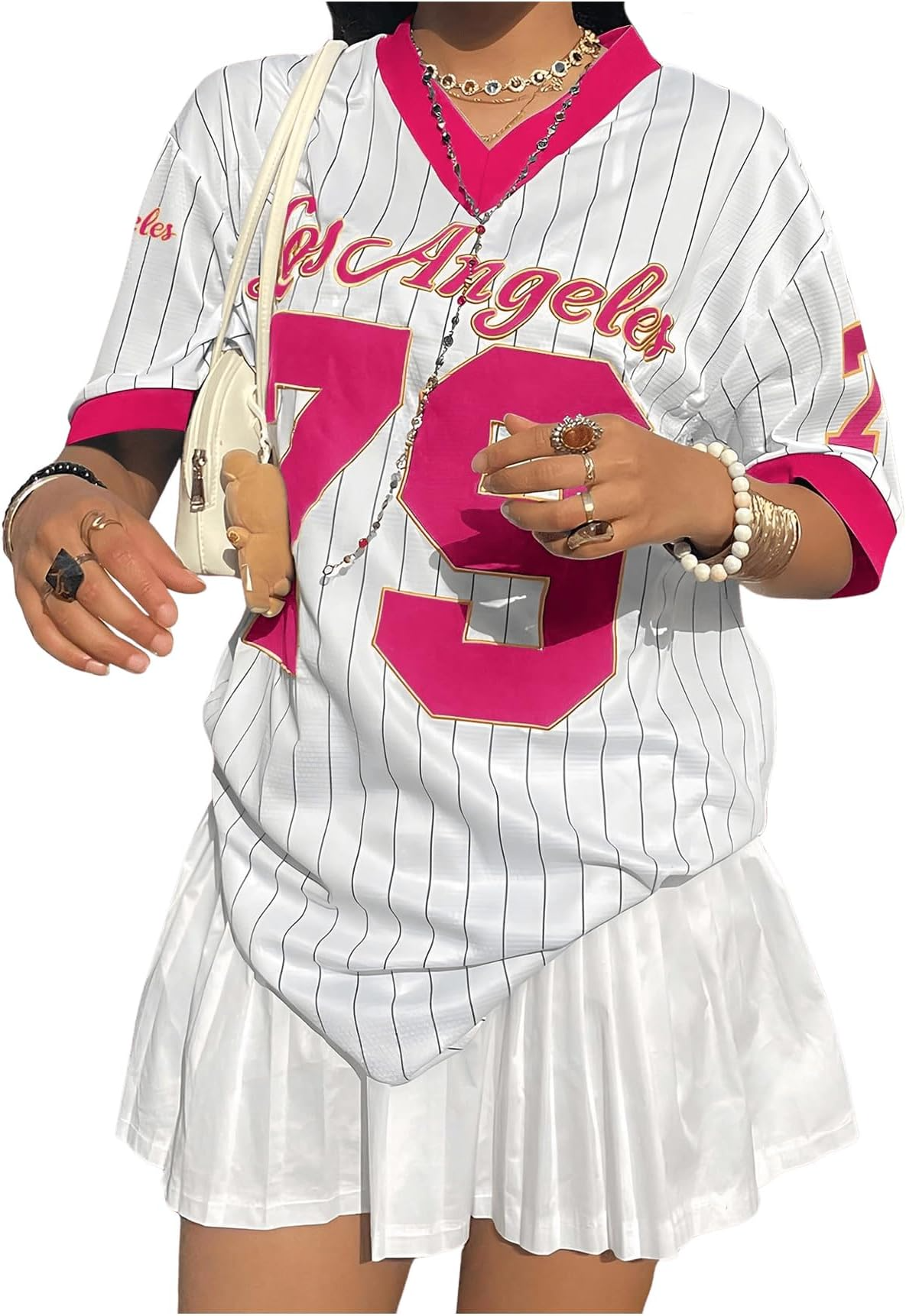 Jersey Shirts for Women Y2k Oversized T Shirt Striped Number Graphic Tees V Neck Half Sleeve Streetwear Tops - Image 3