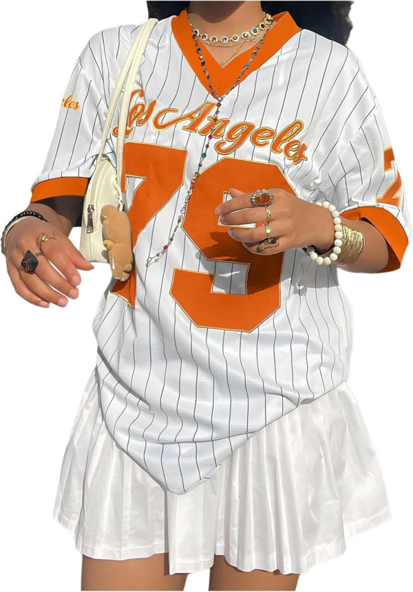 Alternative view of Jersey Shirts for Women Y2k Oversized T Shirt Striped Number Graphic Tees V Neck Half Sleeve Streetwear Tops