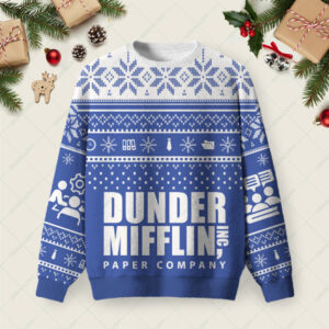 Dunder Mifflin Holiday Spirit Blue Ugly Christmas Fuzzy Fleece Sweatshirt