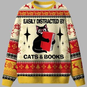 Easily Distracted By Cats And Books Ugly Christmas Sweater - gullprint.com