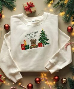 Joy To The World Embroidered Christmas Sweatshirt, Holiday Bear Crewneck, Christmas Gift Sweatshirt, Cozy Winter Embroidery Shirt