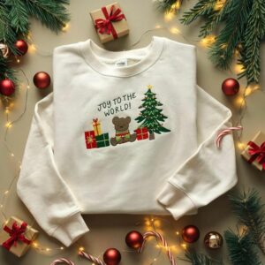 Joy To The World Embroidered Christmas Sweatshirt, Holiday Bear Crewneck, Christmas Gift Sweatshirt, Cozy Winter Embroidery Shirt