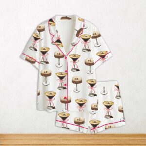 Espresso Martini Pink Bow Short Sleeve Satin Pajama Set For Women