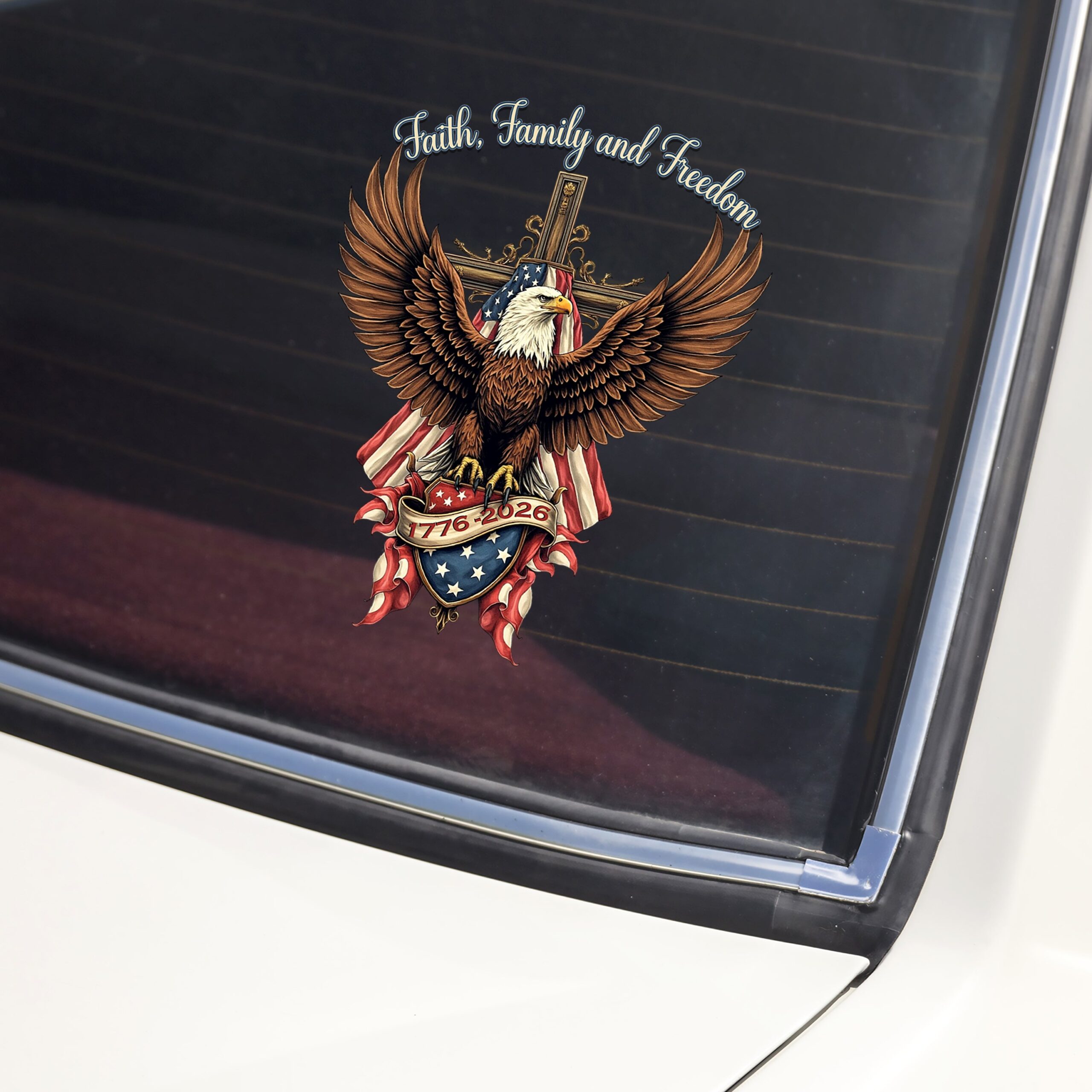 Faith, Family & Freedom Bald Eagle With US Flag And Cross Car Window Decal Sticker - Image 3