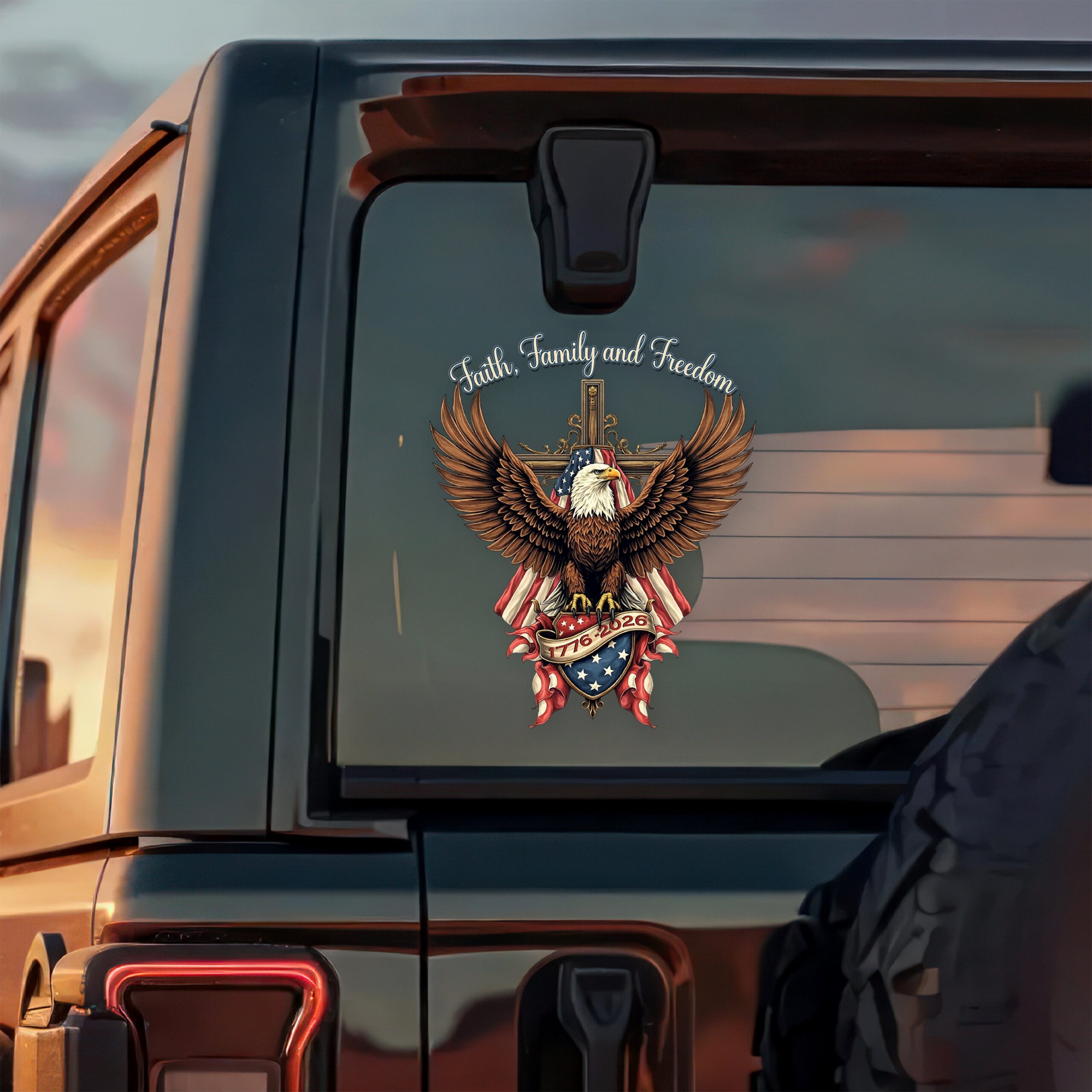 Faith, Family & Freedom Bald Eagle With US Flag And Cross Car Window Decal Sticker - Image 5