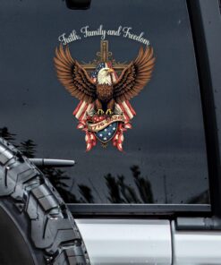 Faith, Family & Freedom Bald Eagle With US Flag And Cross Car Window Decal Sticker
