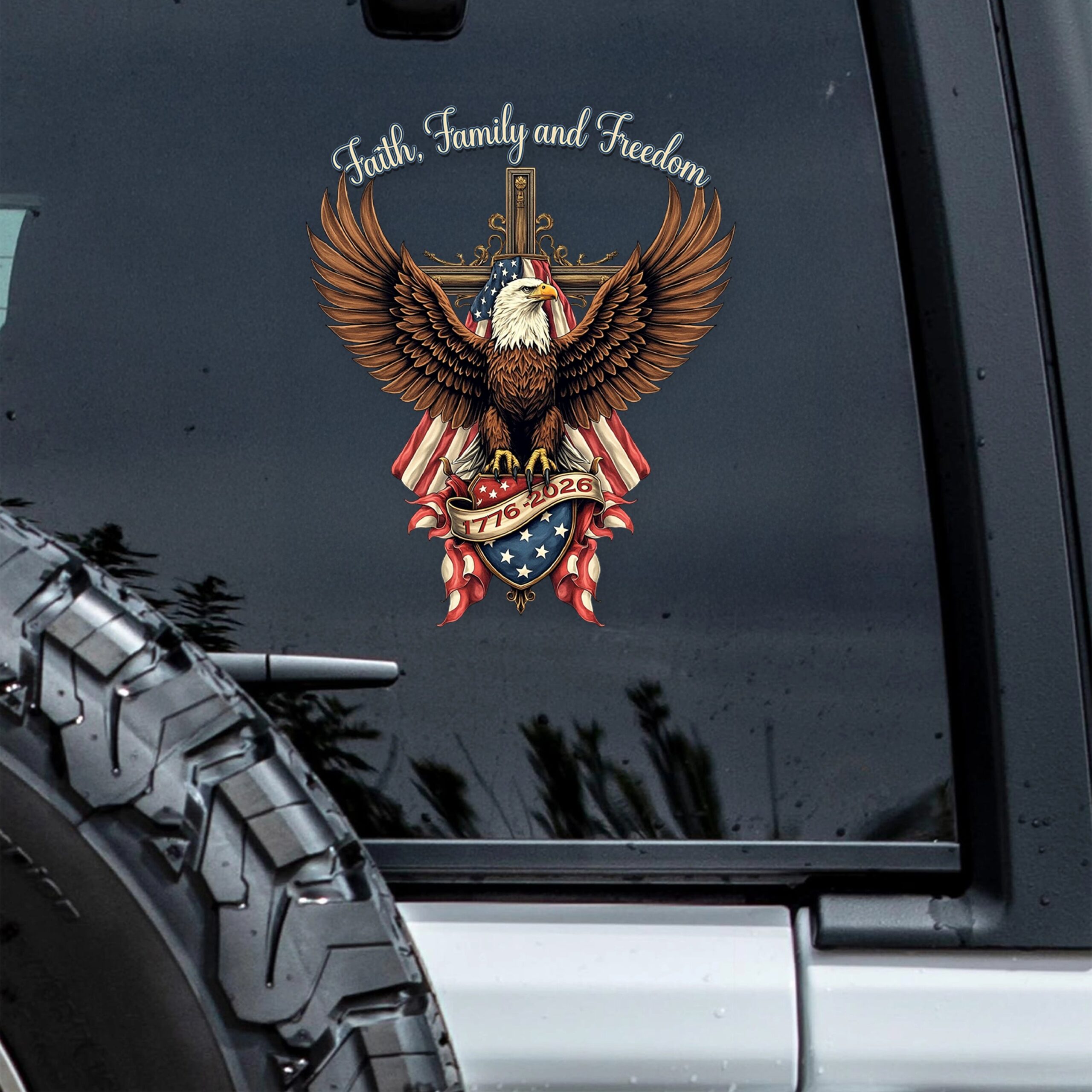 Faith, Family & Freedom Bald Eagle With US Flag And Cross Car Window Decal Sticker
