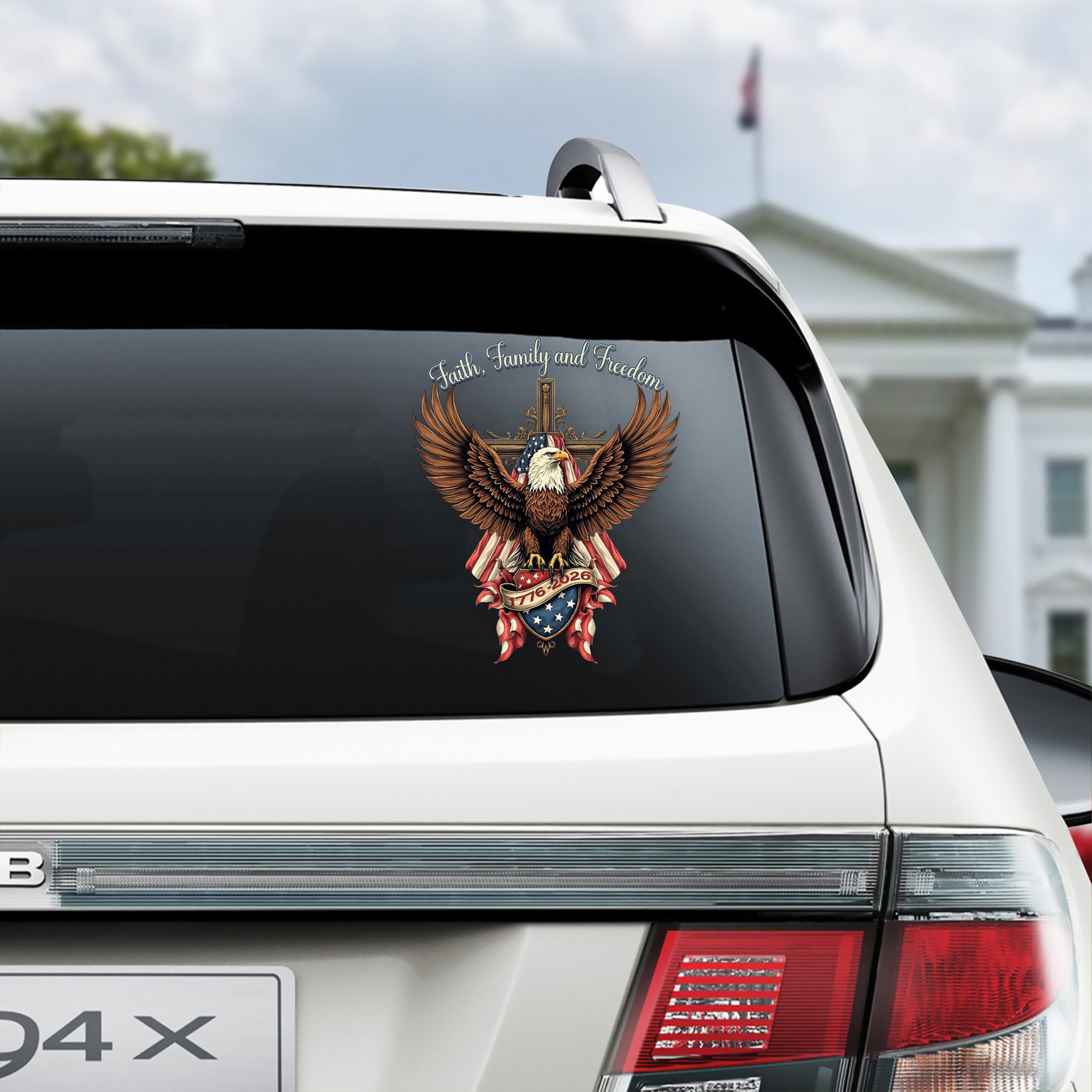 Faith, Family & Freedom Bald Eagle With US Flag And Cross Car Window Decal Sticker - Image 4