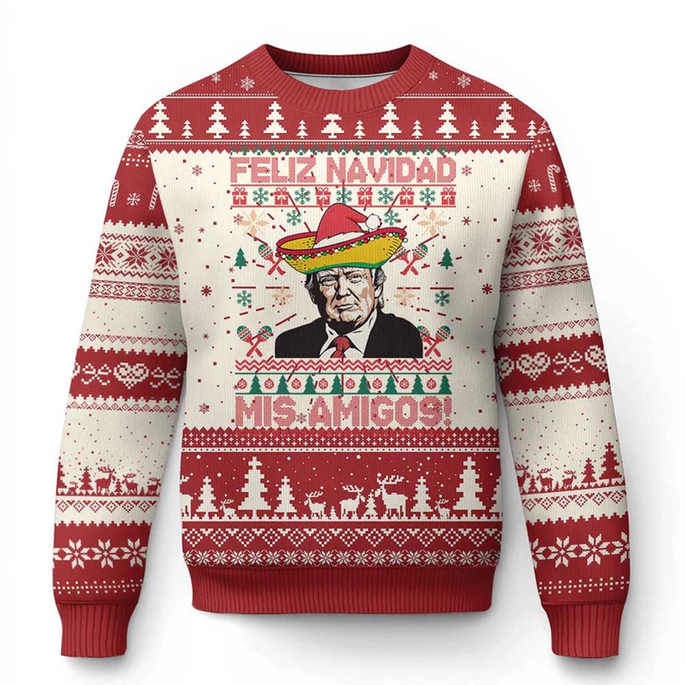 Felix Navidad Mis Amigosi Trump Ugly Christmas Sweater - Grishko.com