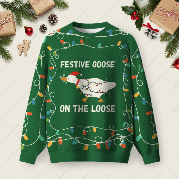 Festive Goose Escape Ugly Christmas Fuzzy Fleece Sweatshirt