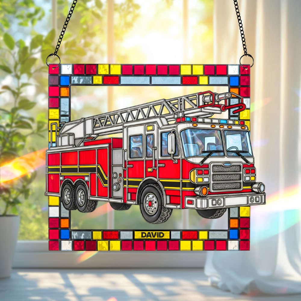 Alternative view of Firetruck Window Hanging Suncatcher Ornament Personalized Gifts For Firefighters 02ohtn060825