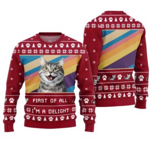 Alternative view of First Of All I'm a Delight Cat Ugly Christmas Sweater - Grishko.com