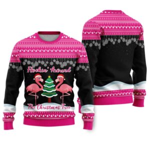 Flamingo Flocking Around The Christmas Tree Ugly Christmas Sweater - Grishko.com