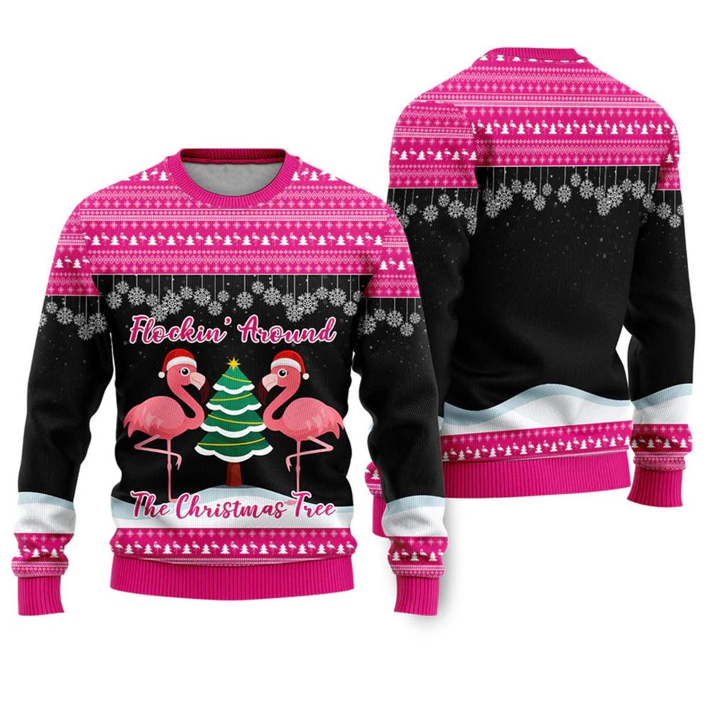 Flamingo Flocking Around The Christmas Tree Ugly Christmas Sweater - Grishko.com